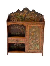 Aesthetic Movement Wall Cabinet, Hand-Painted Floral, Walnut, 1890s